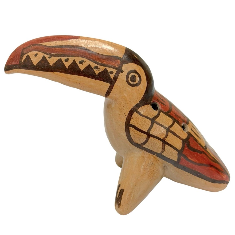 Vintage Mexican Ocarina Whistle Folk Art Toucan Bird Clay Hand Painted Cute‎ 4"
